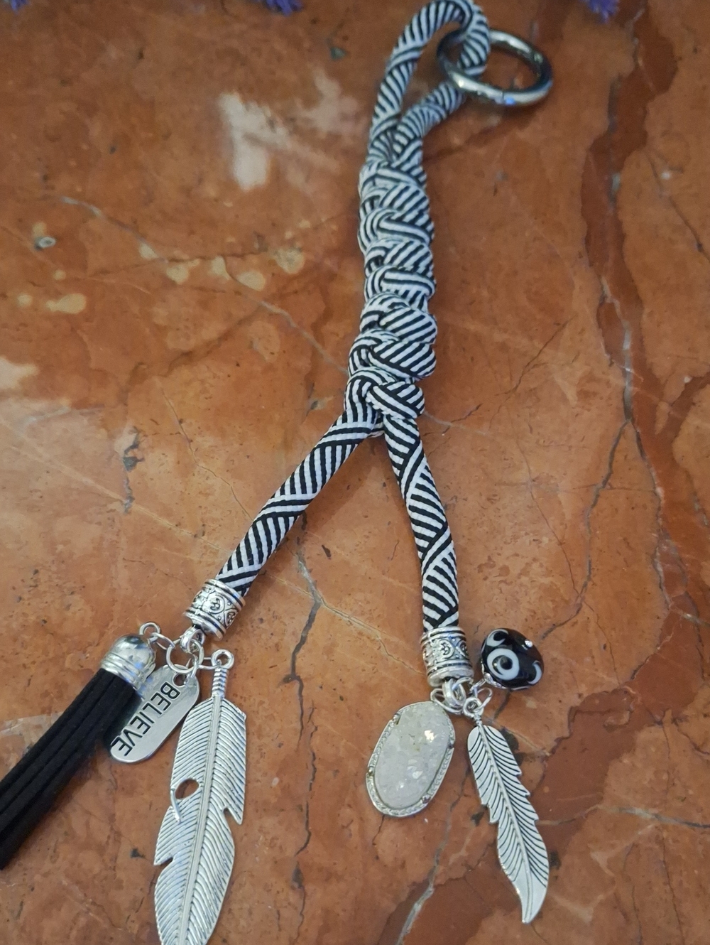 Boho Black & White Braided Tassel Bag Charm Keychain with Feather Charms